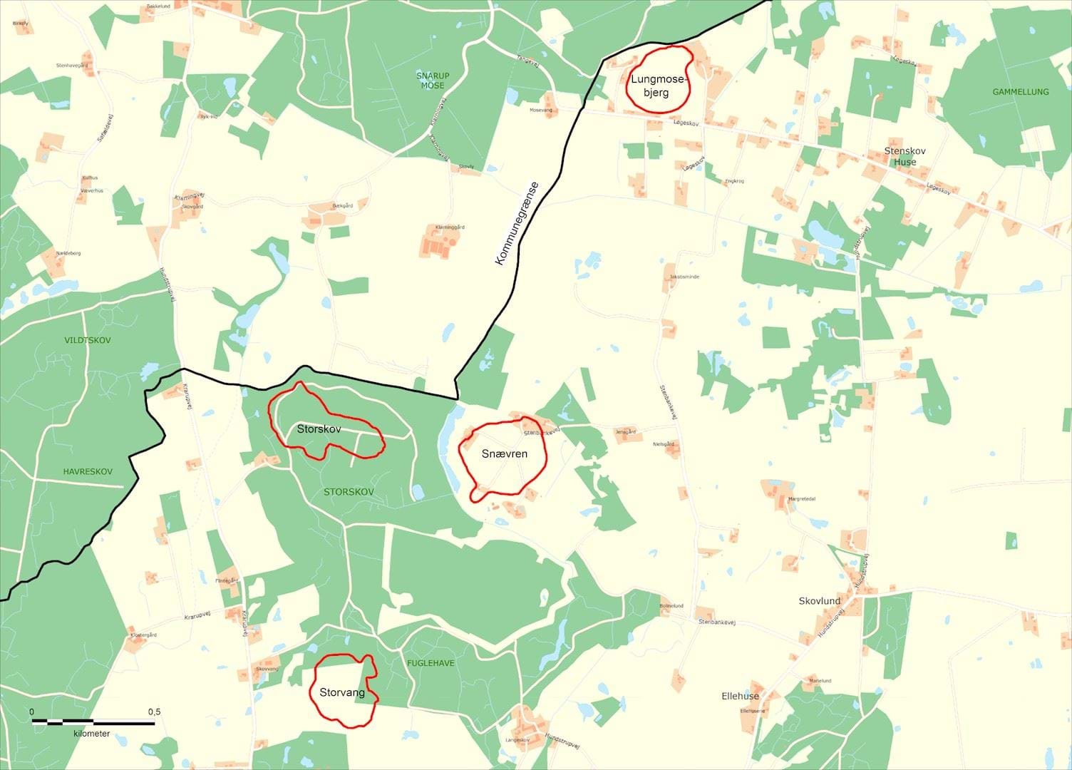 Kortet viser de bevaringsværdige bakker ved Snarup.